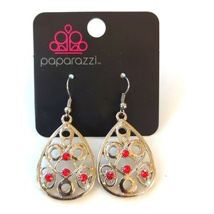 Boutique Paparazzi Silver Tone Red Accent Tear Drop Dangle Fashion Earrings